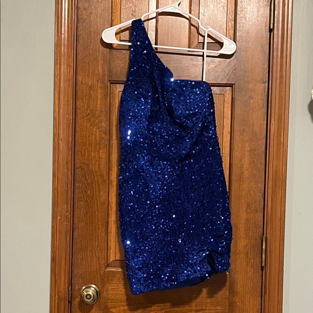 Blue Sequin One-Shoulder Dress